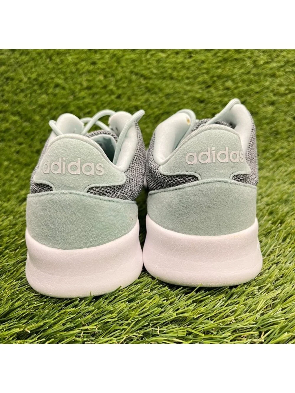 Adidas QT Racer Womens Size 7.5 Gray White Blue Athletic Running Shoes Sneakers